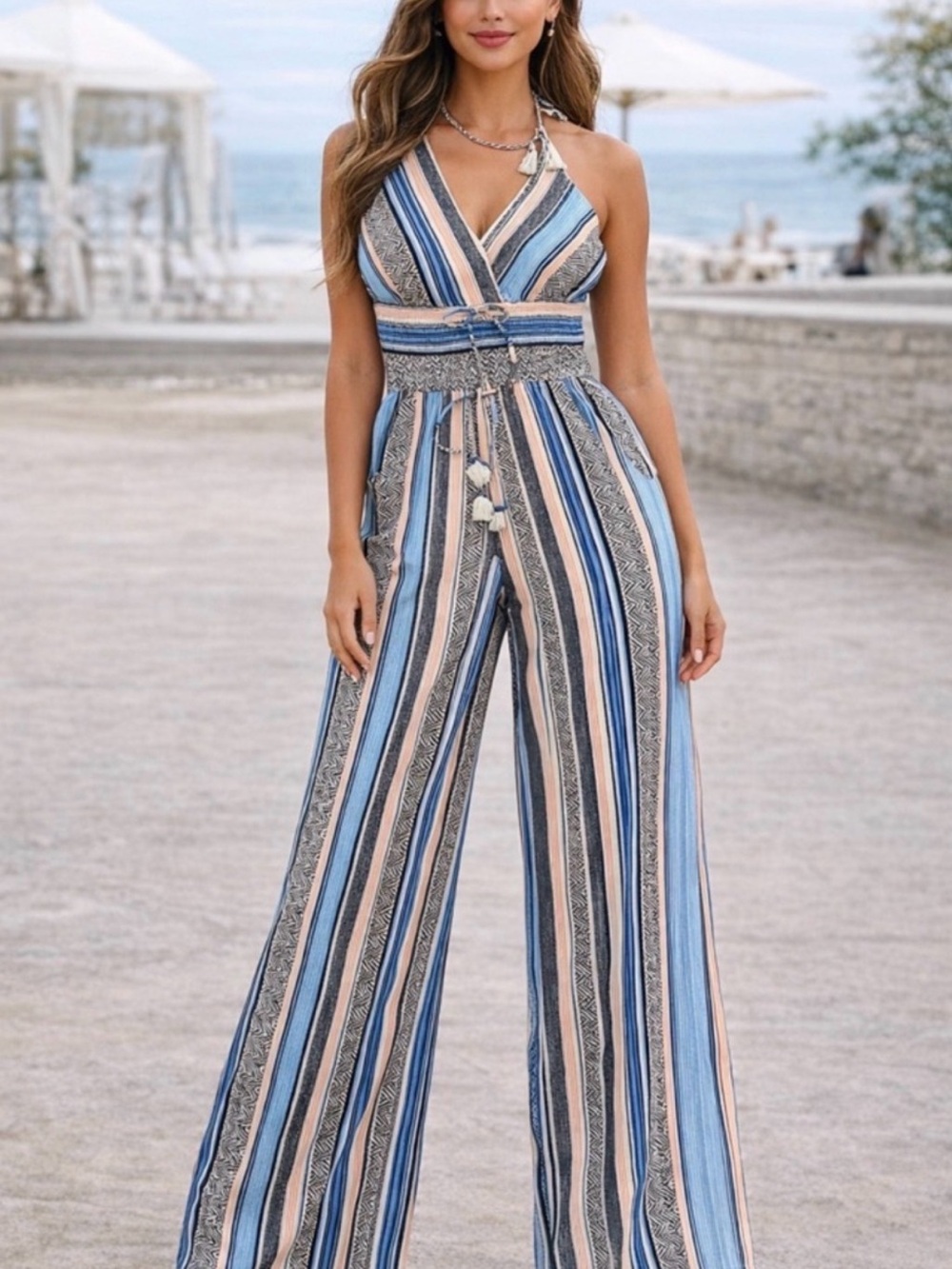 VENUS Blue & Cream Striped Halter Wide-Leg Jumpsuit